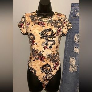 Taupe Tie Dye Floral Dragon Small Print Contrast Stitch Super Soft Bodysuit